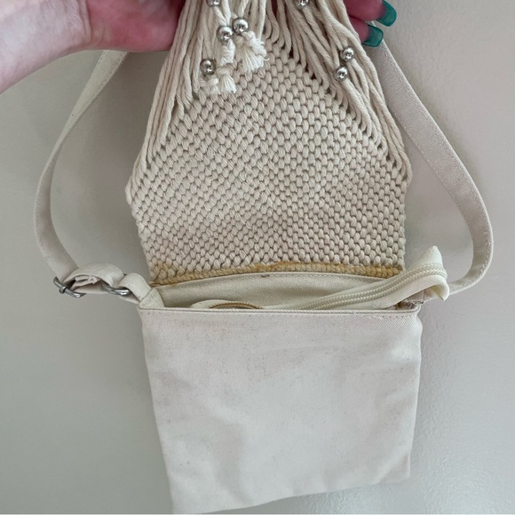 AMERICAN Eagle Crochet Fringe Beaded Boho Mini Crossbody Purse, Cream - Picture 5 of 14